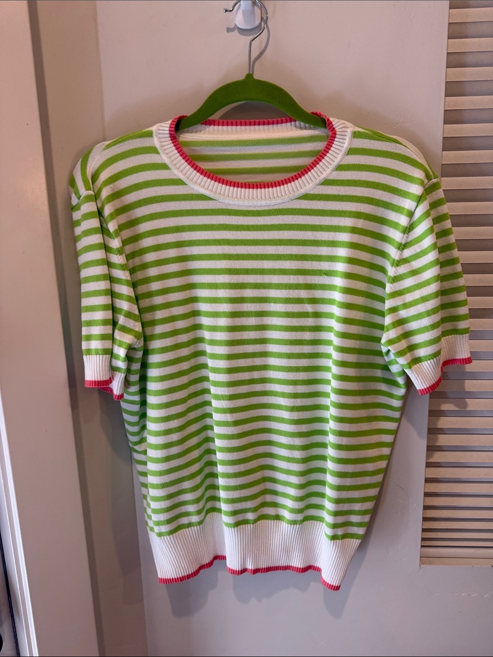 Women’s Short-Sleeve Striped Tee in Lime & White with Pink Trim
